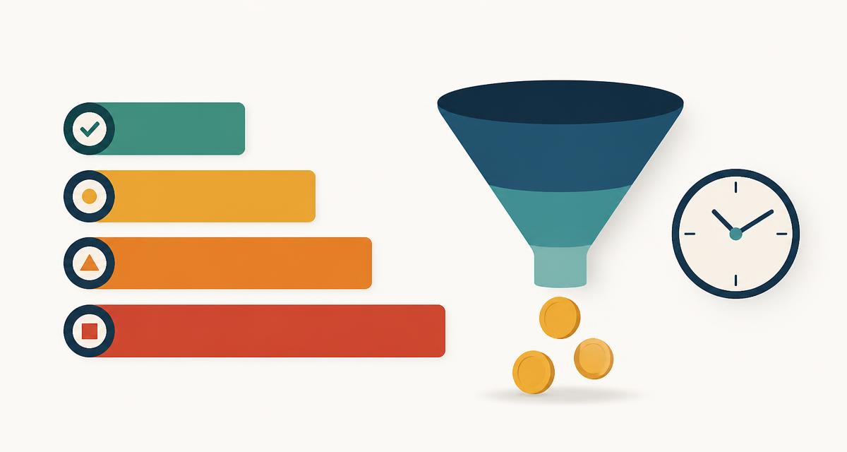 Illustration of accounts receivable aging buckets shown as green, amber, orange and red bars beside a funnel with coins, representing invoices aging into lost cash
