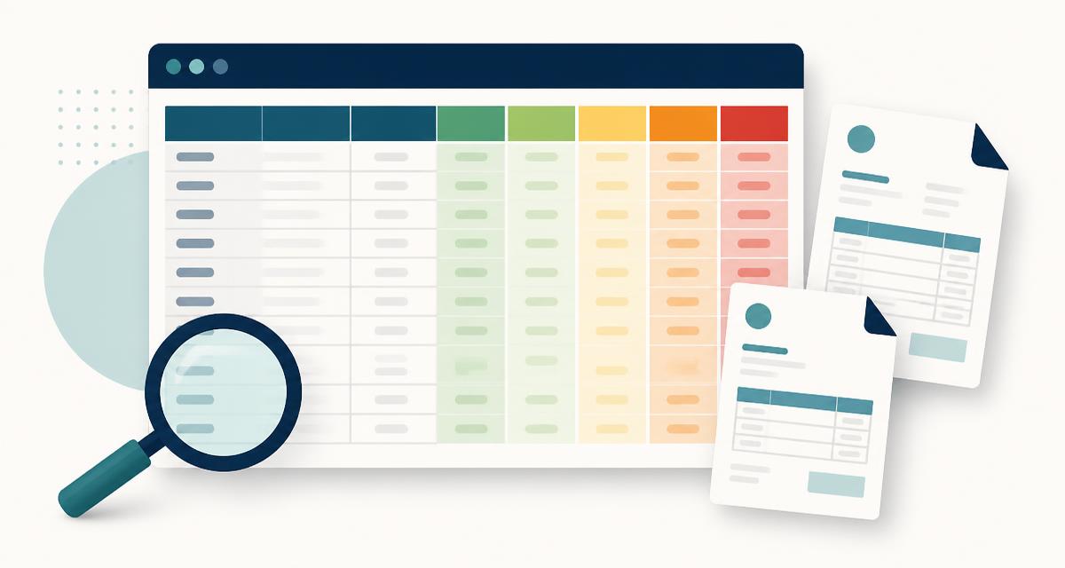 Illustration of an accounts receivable aging report spreadsheet with colour-coded overdue columns, a magnifying glass and invoice documents