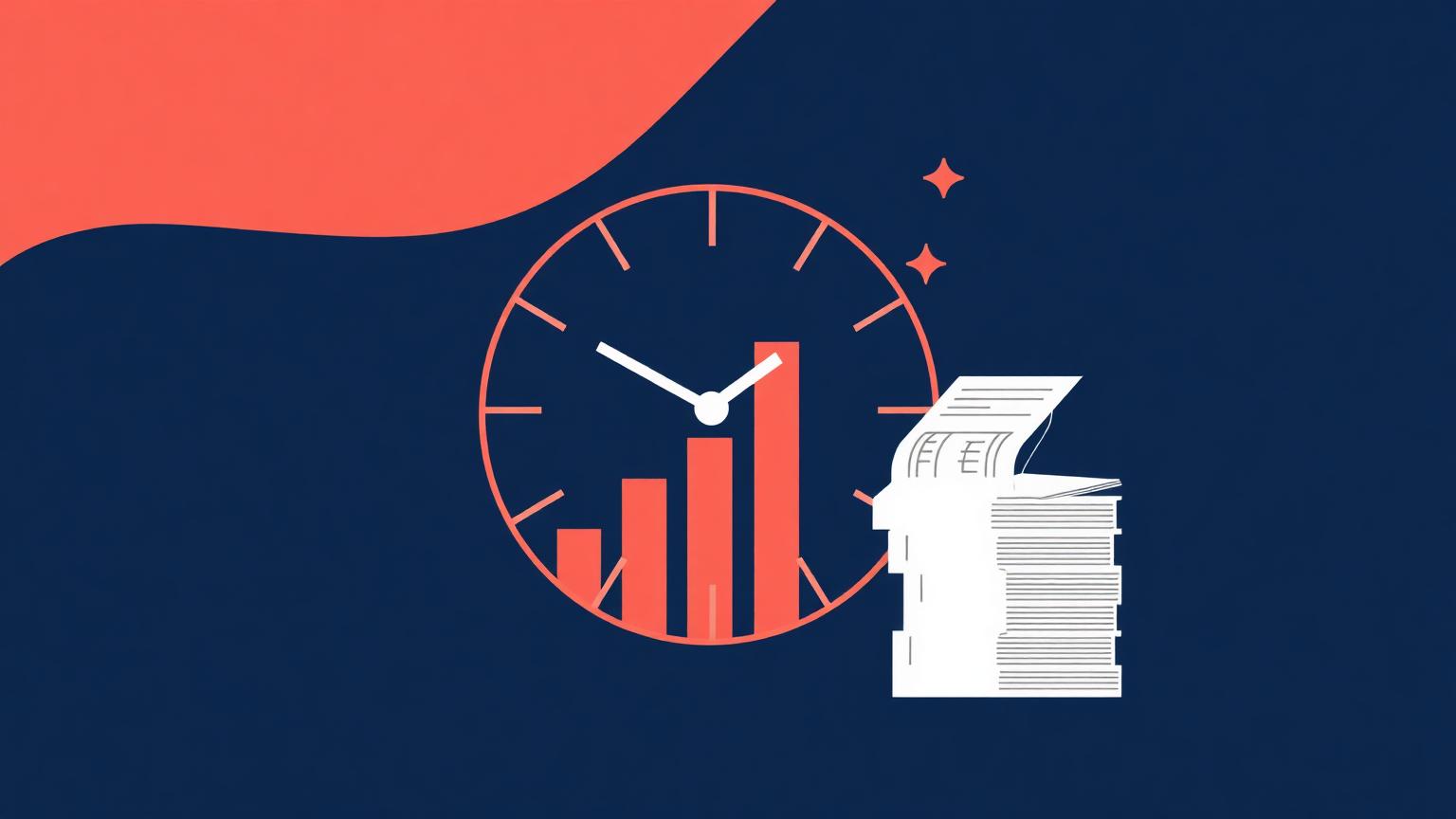 Abstract illustration of a clock merged with a bar chart and stack of invoices, representing Days Sales Outstanding