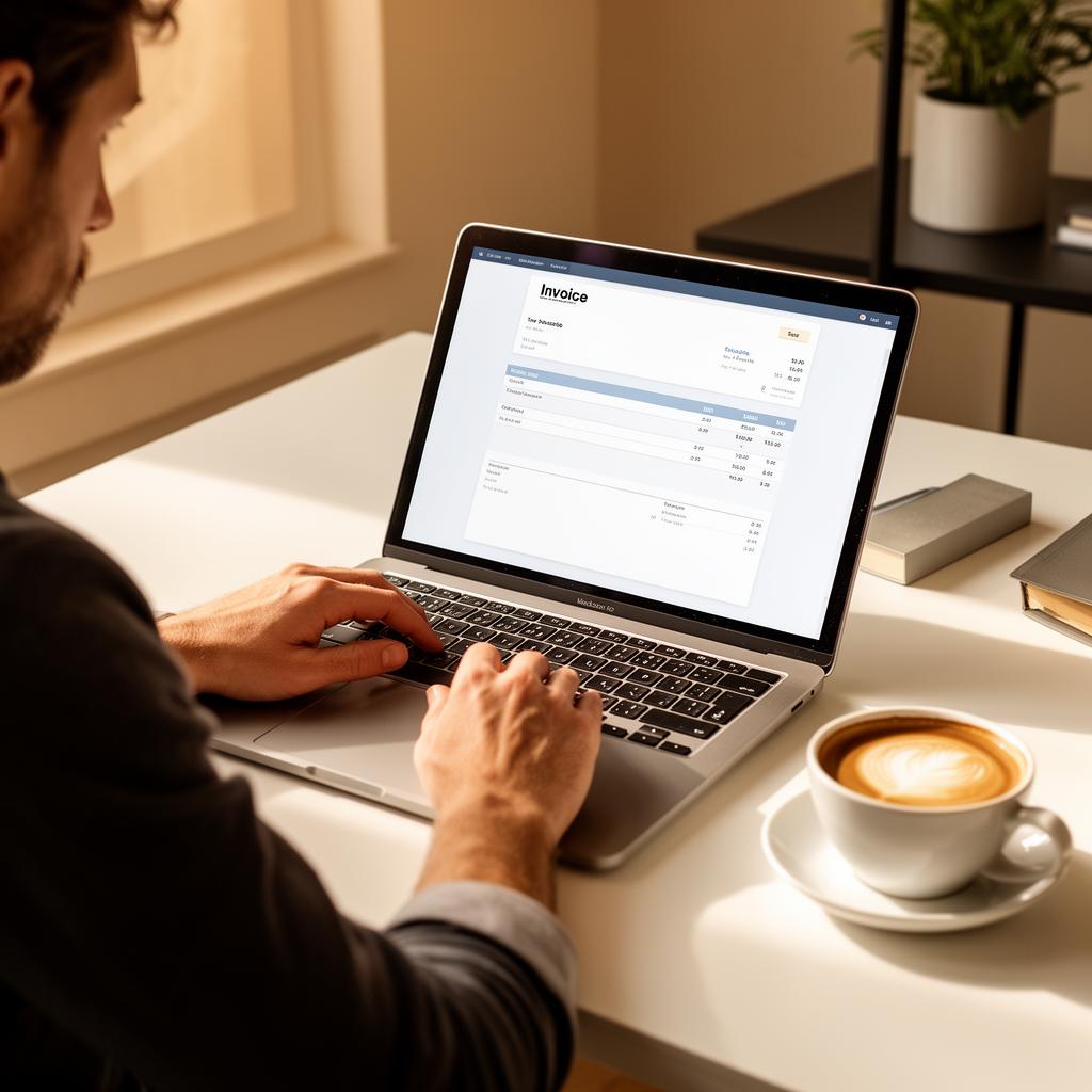 Freelancer creating a professional invoice on a laptop at a modern workspace