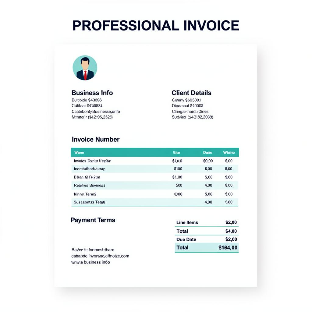Anatomy of a professional invoice showing labeled sections for business info, client details, line items, totals, and payment terms