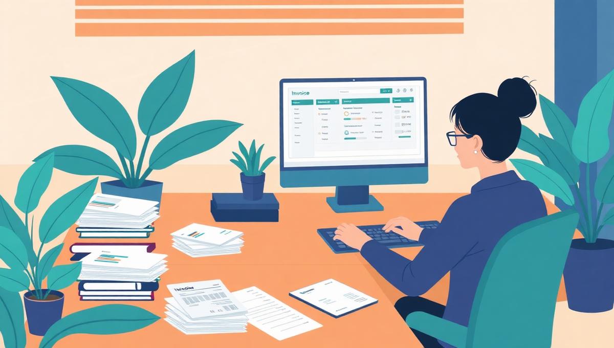 Freelancer managing invoices and receipts using invoicing software on a laptop