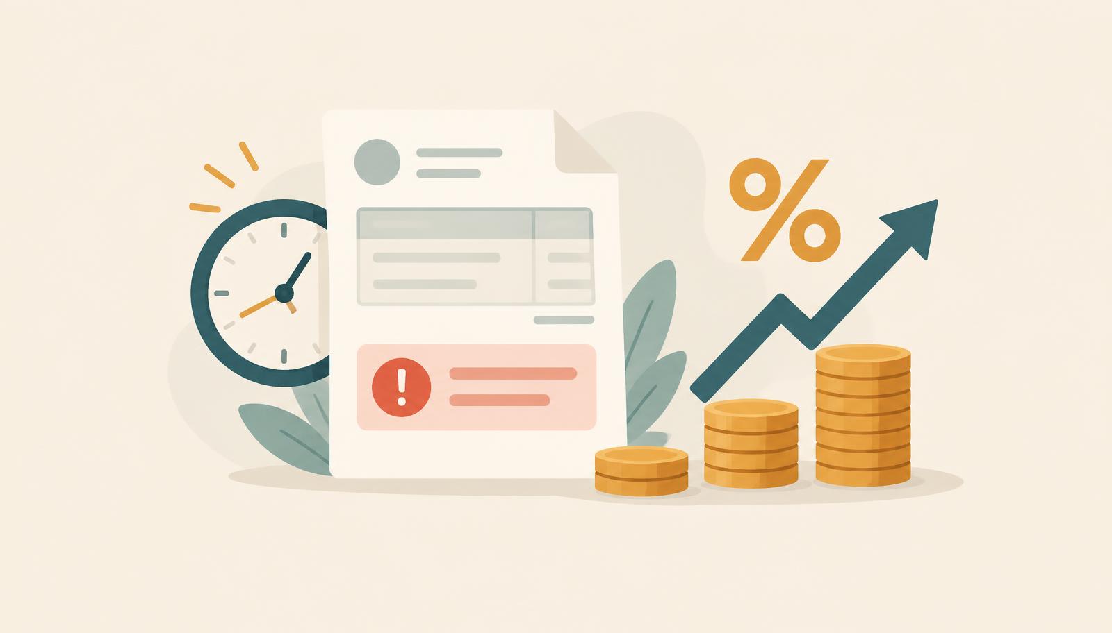 Overdue invoice with a clock and a rising interest rate arrow beside stacks of coins