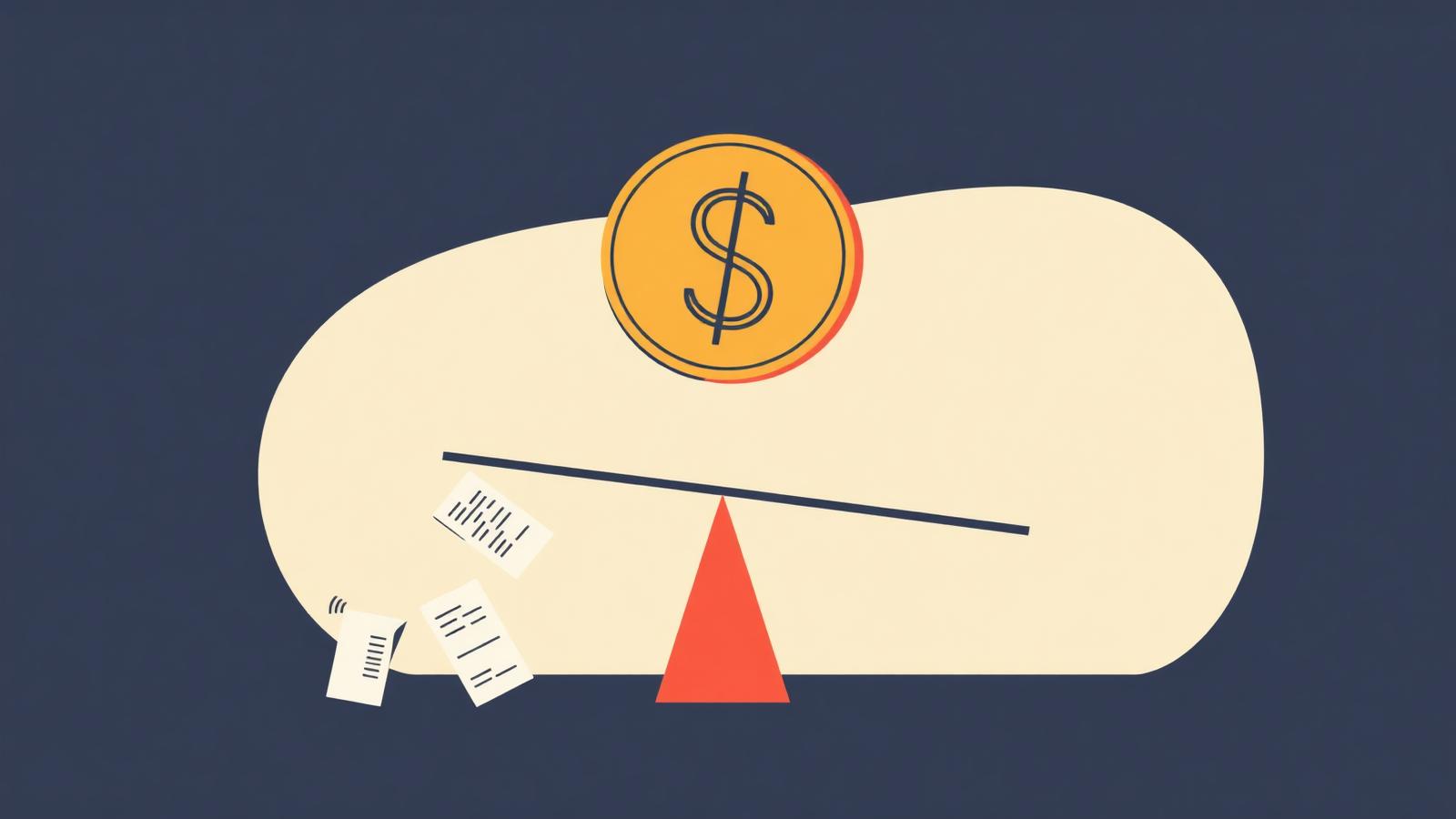 Illustration of a large coin balanced on a tipping scale with unpaid invoice papers falling away, representing the financial cost of late payments