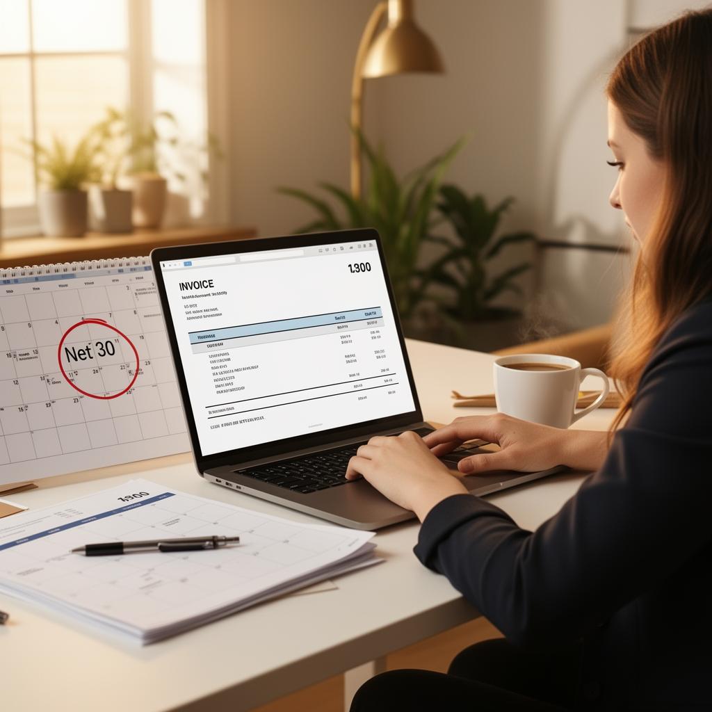 Freelancer reviewing a Net 30 invoice on a laptop with a calendar showing the payment due date