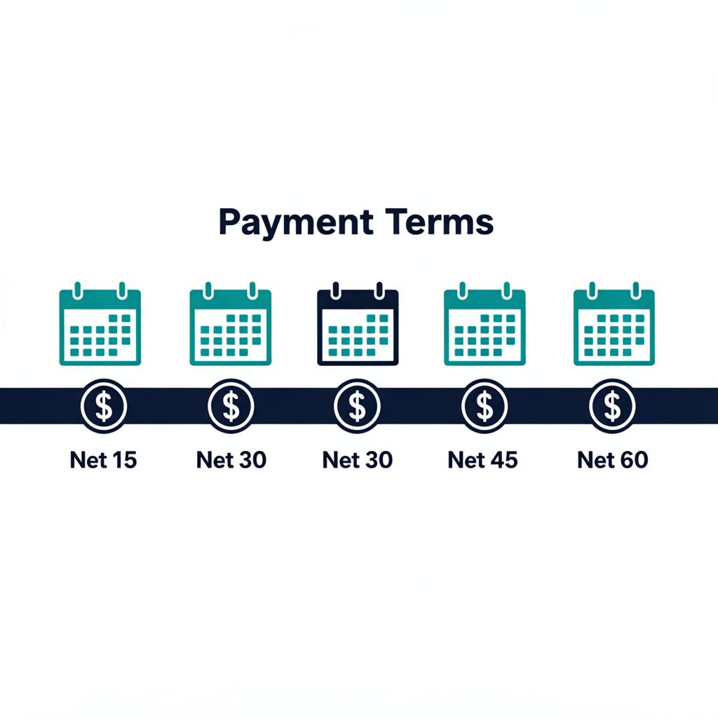 Infographic comparing payment terms: Net 15, Net 30, Net 45, and Net 60 on a timeline