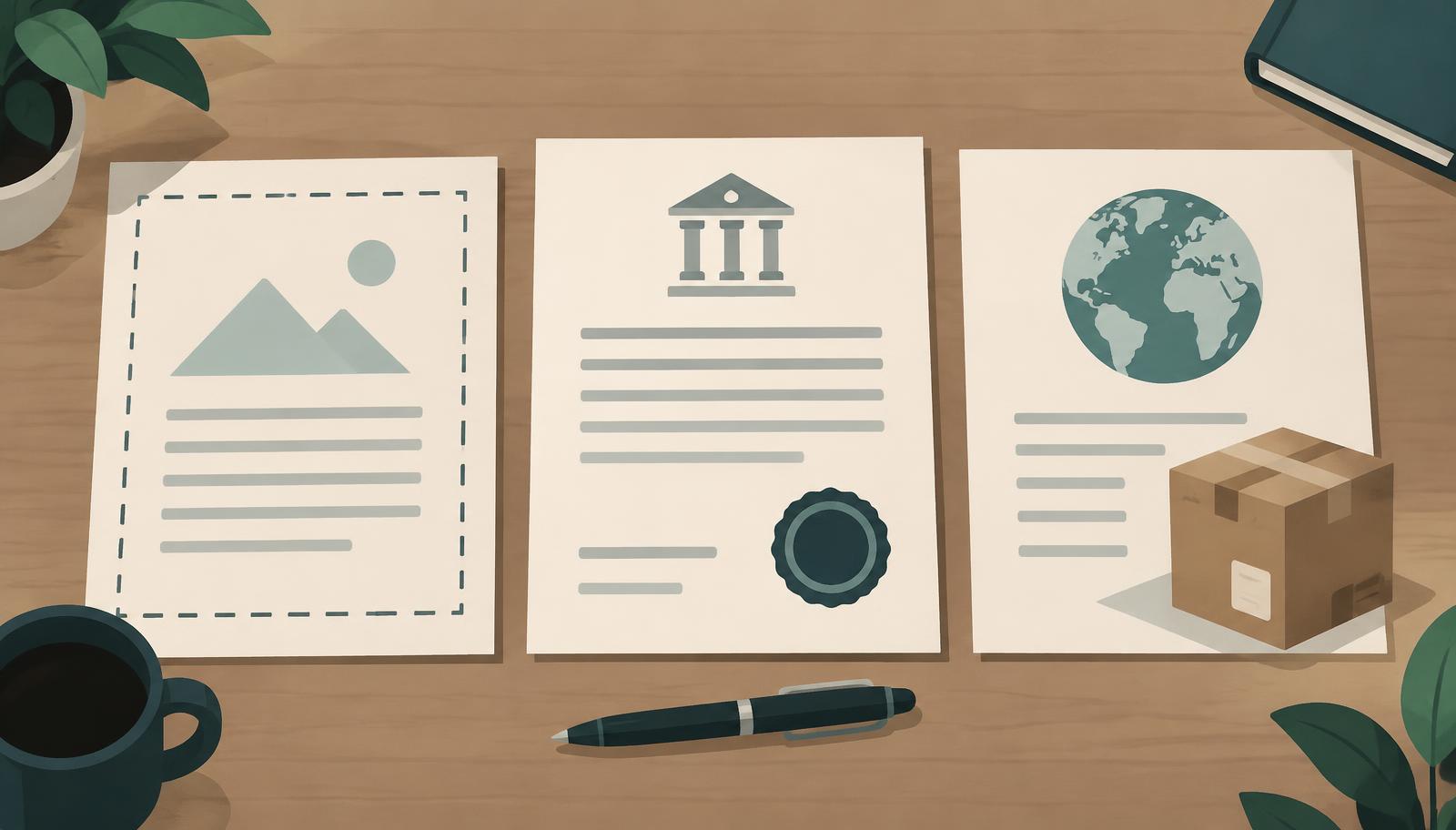 Three business documents side by side: a draft proforma invoice, a formal final invoice, and a commercial invoice with a shipping box and globe