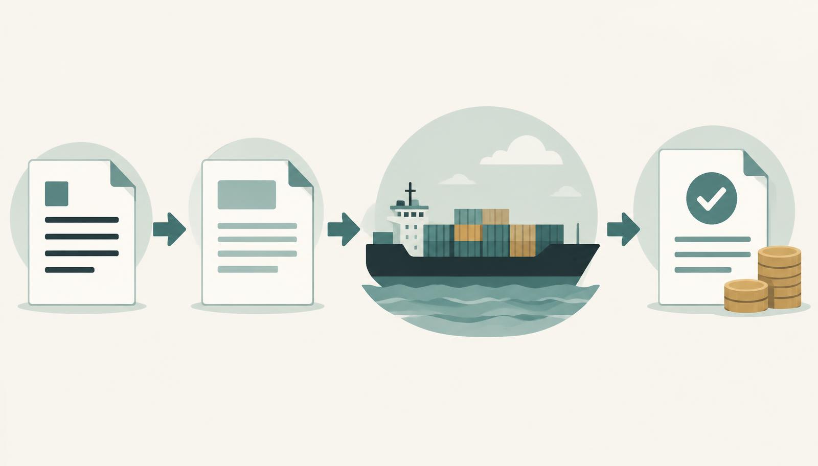 Workflow illustration from quote to proforma invoice, then international shipment by cargo ship, then final commercial invoice marked as paid