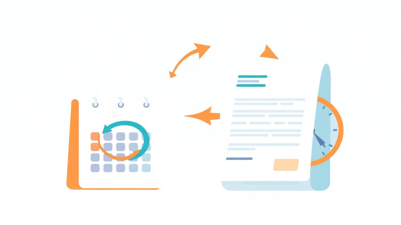 Illustration of a recurring invoice automation workflow with calendar, invoice document, and clock